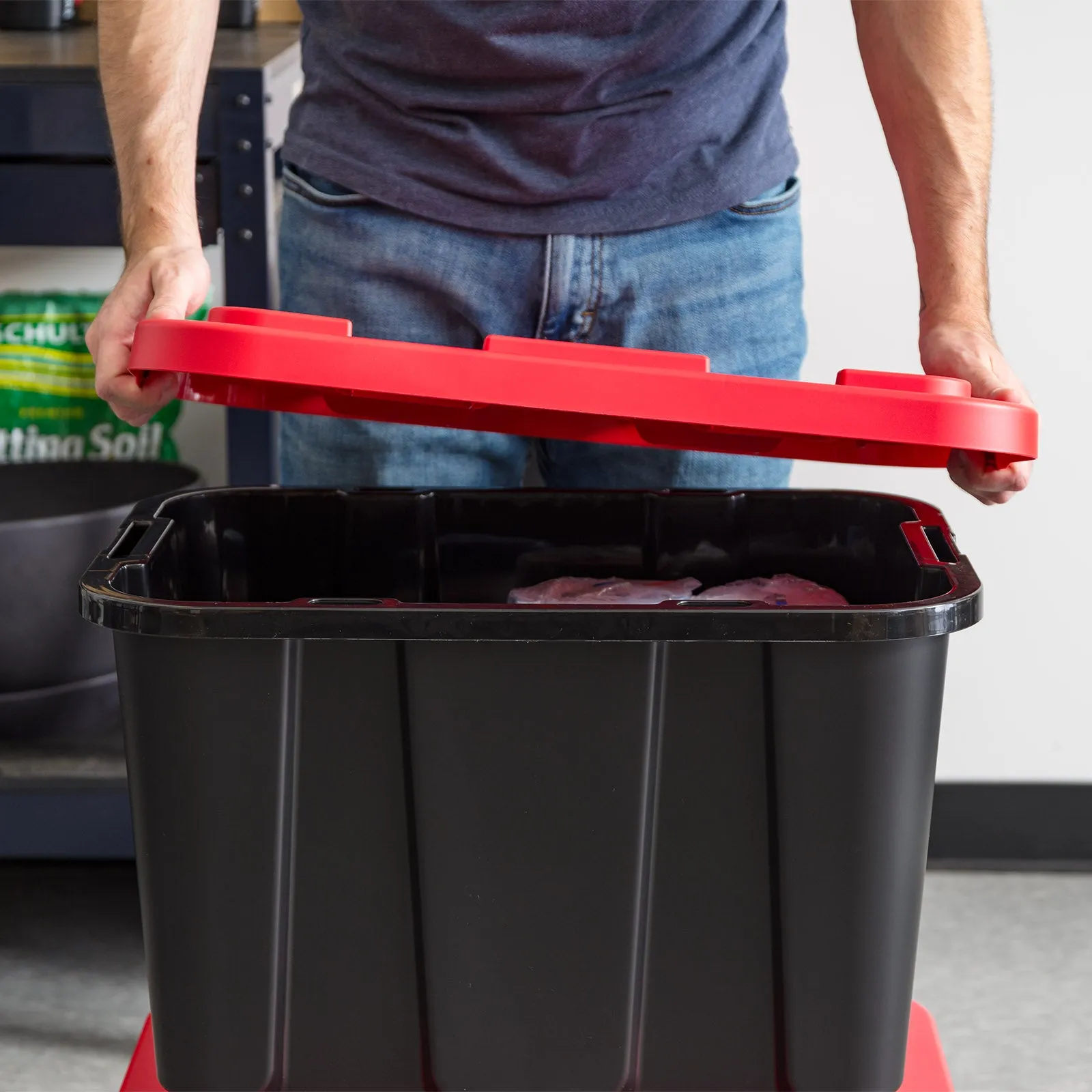 11.5Gal/46Qt 4 Pack All-Weather Heavy-Duty Stackable Storage Plastic Bin Tote Container with Quick Snap Lid, (20" L x 15" W x 14" H), Black