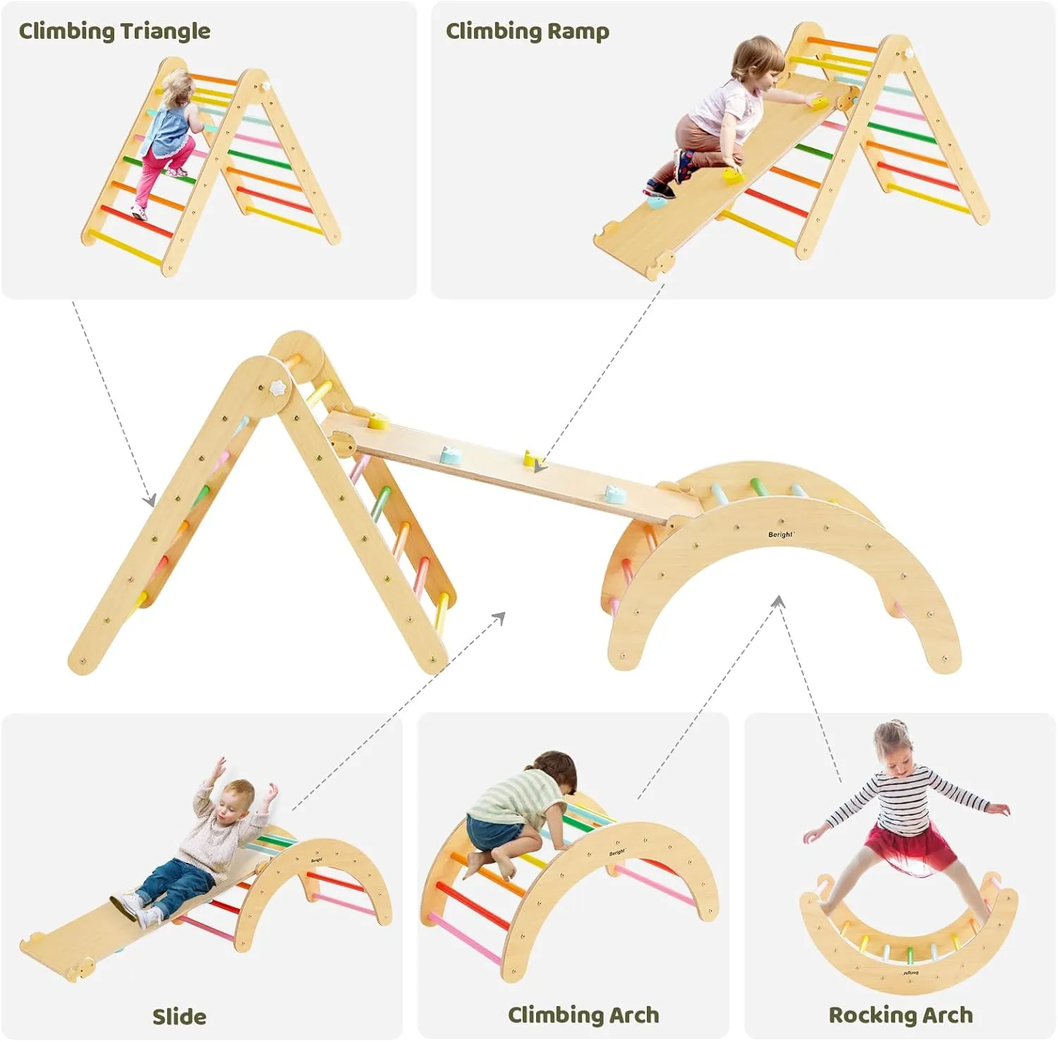 5-in-1 Pikler Triangle Gym - Foldable Climbing, Ramp, Rocker, and Play Structure for Kids