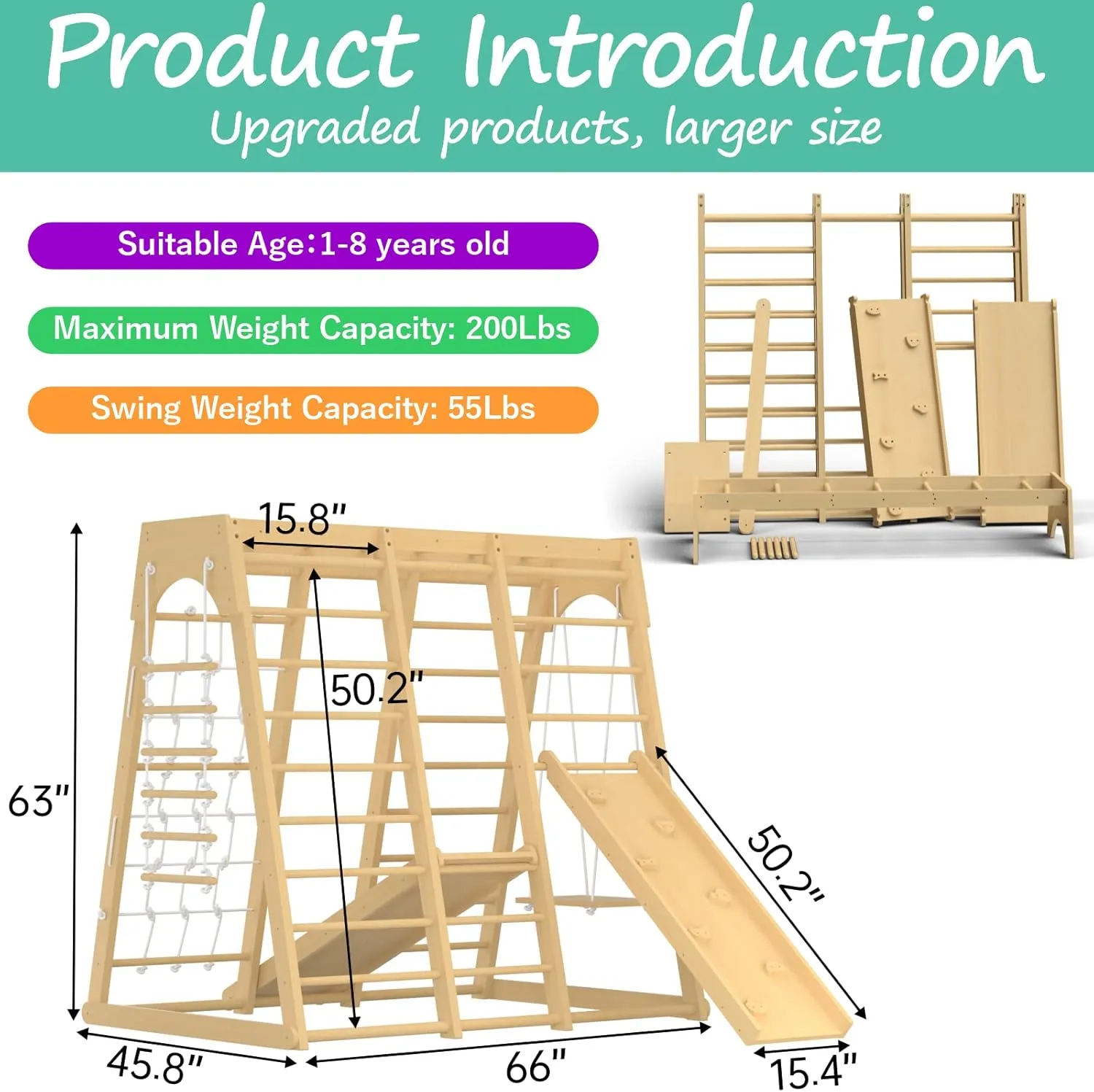 66-Inch 8-in-1 Indoor Jungle Gym for Toddlers – Swing, Slide, Rock Wall, Monkey Bars & More