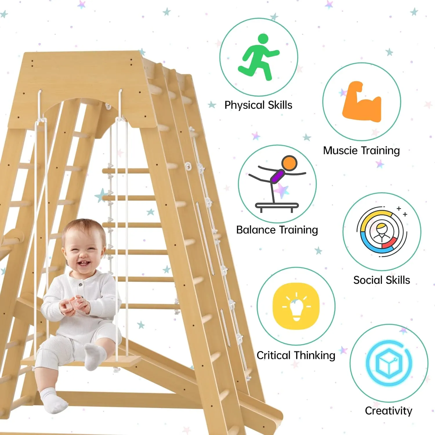 66-Inch 8-in-1 Indoor Jungle Gym for Toddlers – Swing, Slide, Rock Wall, Monkey Bars & More