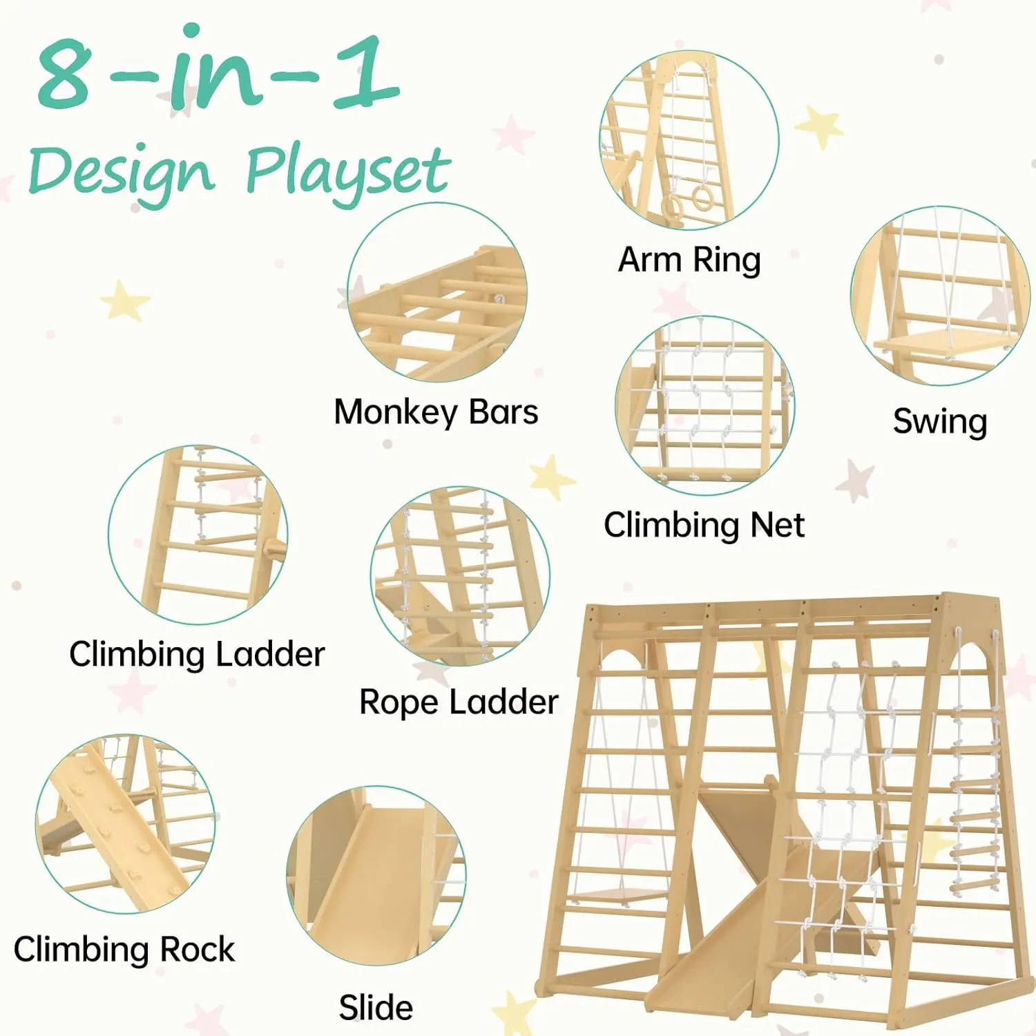 66-Inch 8-in-1 Indoor Jungle Gym for Toddlers – Swing, Slide, Rock Wall, Monkey Bars & More