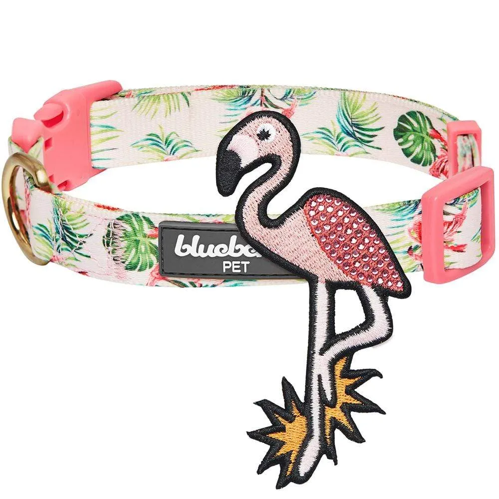 Flamingo Unicorn Dog Collar, Summer Vacation Tropical Hawaiian Palm Leaves Collar