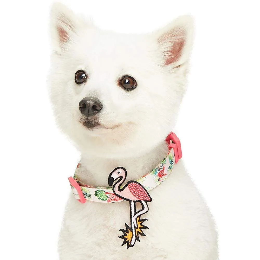 Flamingo Unicorn Dog Collar, Summer Vacation Tropical Hawaiian Palm Leaves Collar