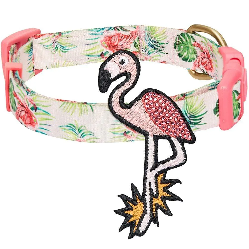 Flamingo Unicorn Dog Collar, Summer Vacation Tropical Hawaiian Palm Leaves Collar