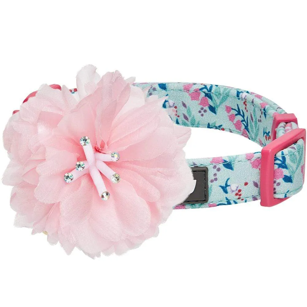 Floral Power Dog Collar with Handmade Detachable Pink Peony