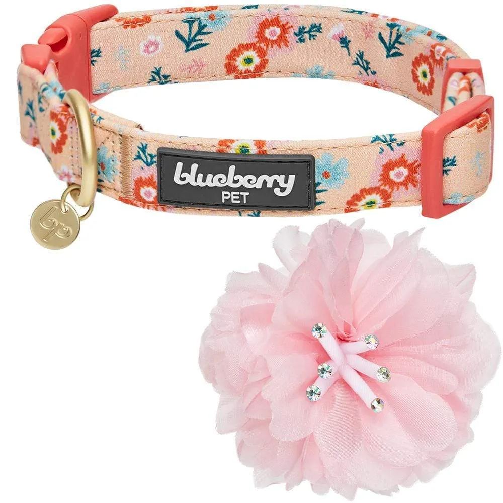 Floral Power Dog Collar with Handmade Detachable Pink Peony