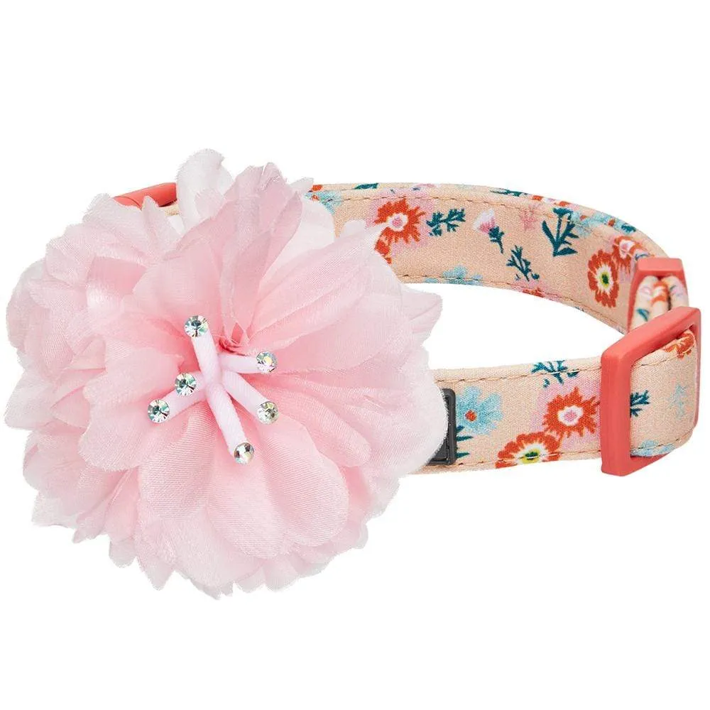 Floral Power Dog Collar with Handmade Detachable Pink Peony