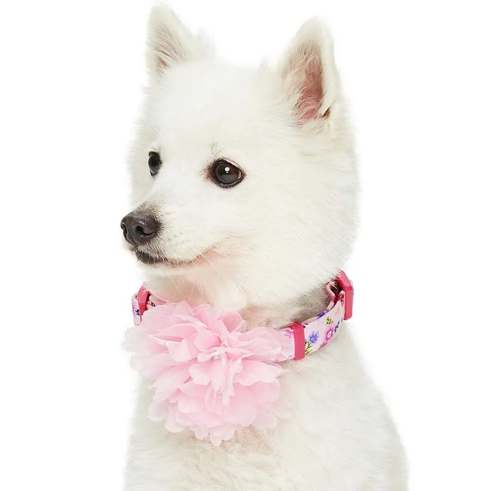 Floral Power Dog Collar with Handmade Detachable Pink Peony