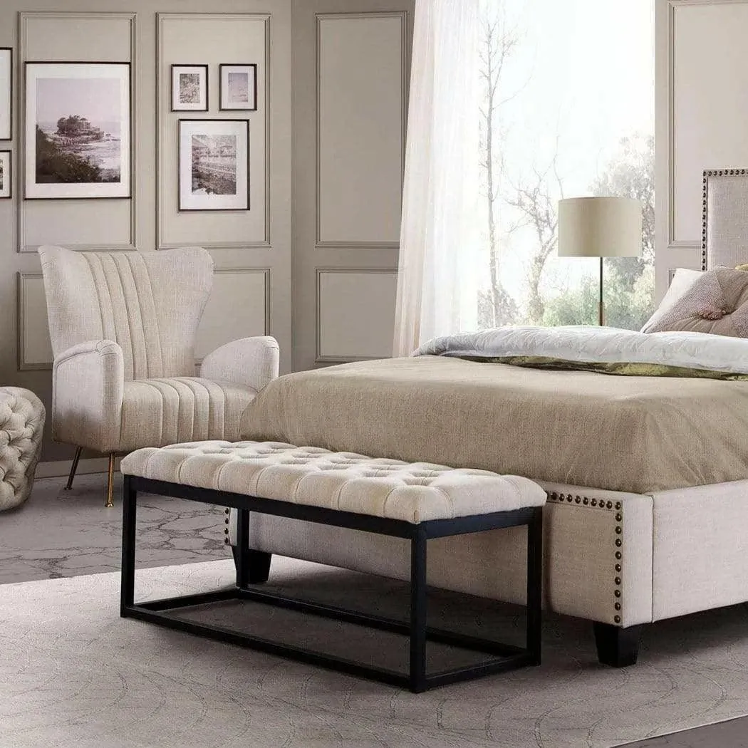 Metal Frame Small Linen Tufted Bedroom Bench in Desert Sand