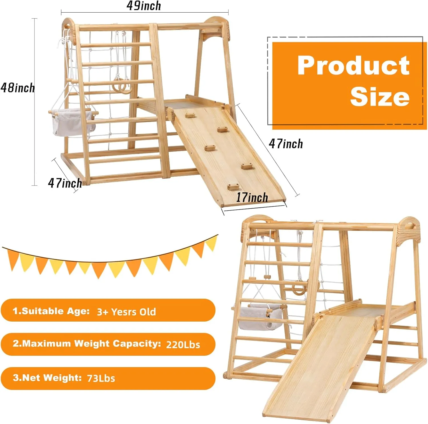 Montessori Indoor Jungle Gym for Toddlers with Slide, Swing, and Climbing Net