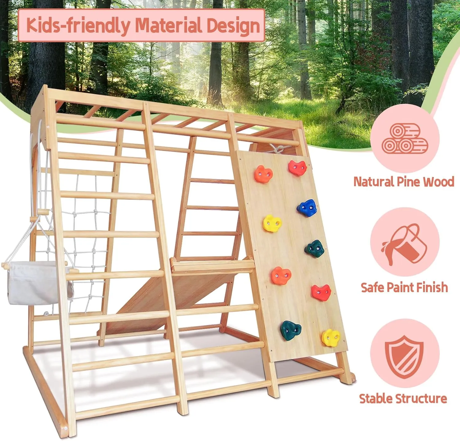 Montessori Indoor Jungle Gym for Toddlers with Slide, Swing, and Climbing Net