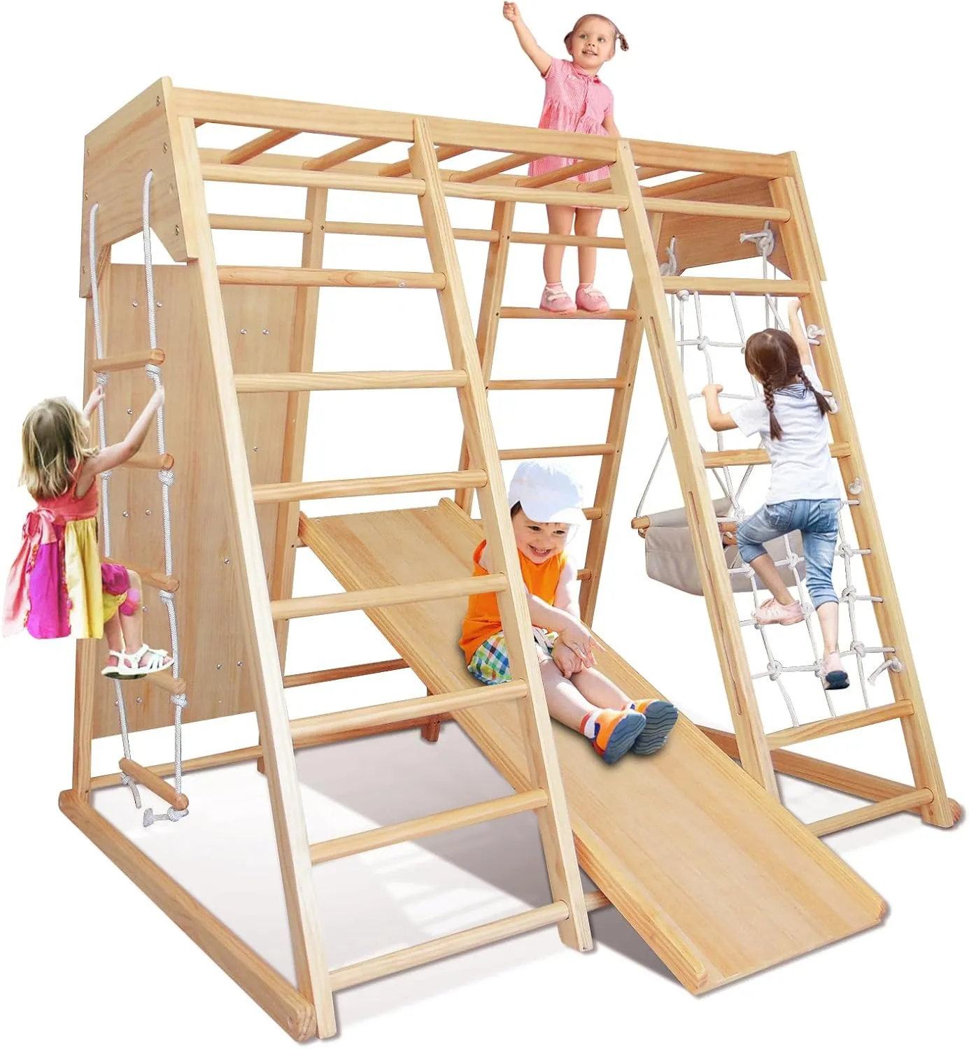 Montessori Indoor Jungle Gym for Toddlers with Slide, Swing, and Climbing Net